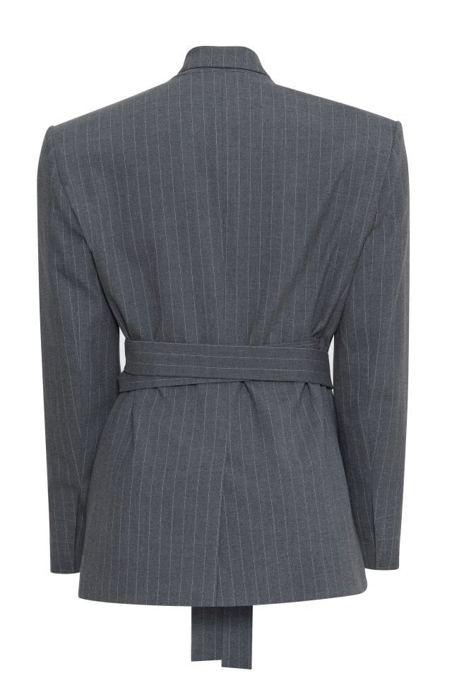 Gray striped Jacket with belt detail at the waist