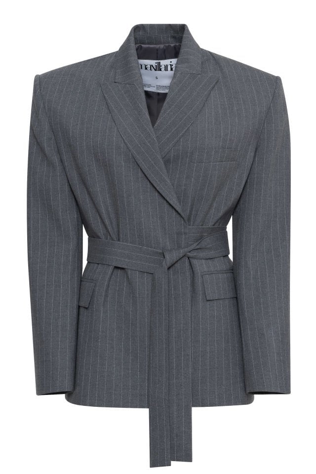 Gray striped Jacket with belt detail at the waist