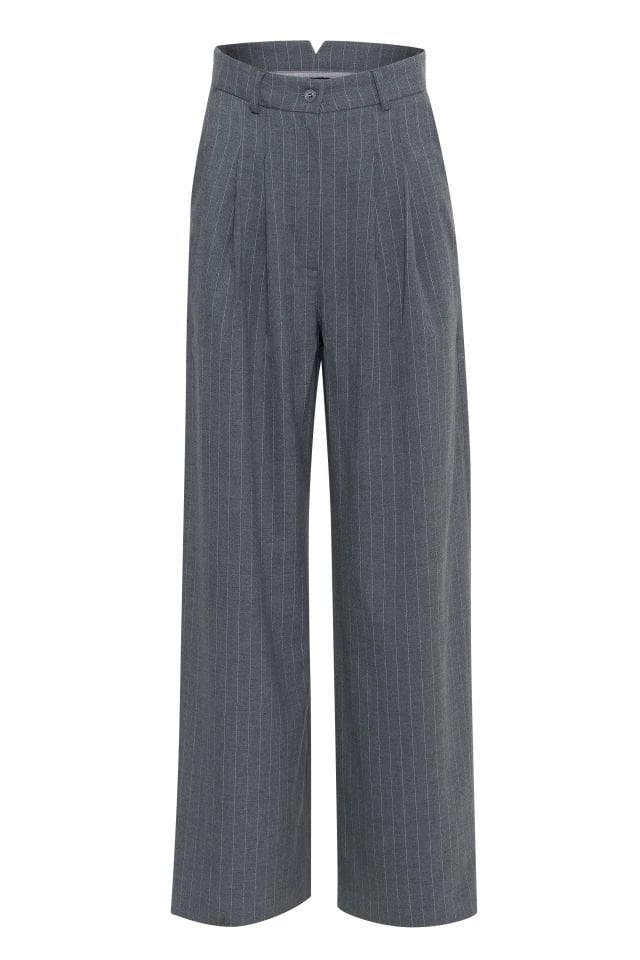 Gray striped trousers & waistband with belt detail