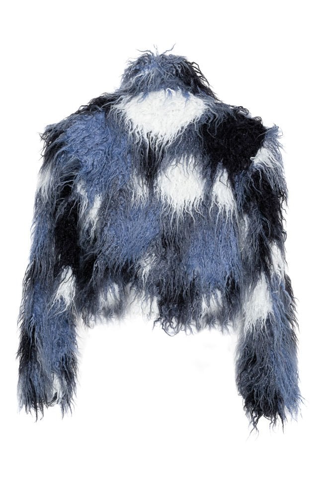 magenta fur with tassels, short waist