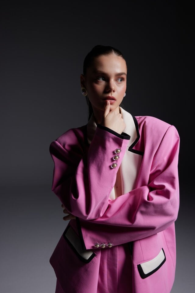 Pink Jacket With White Collardress